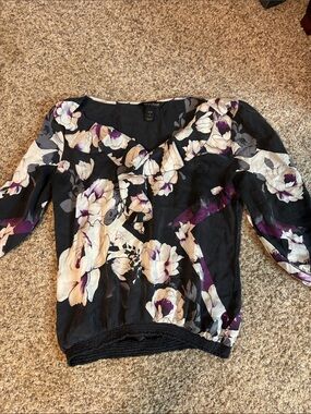 White House Black Market Black Floral V-Neck Blouse with Cream and Purple Blooms